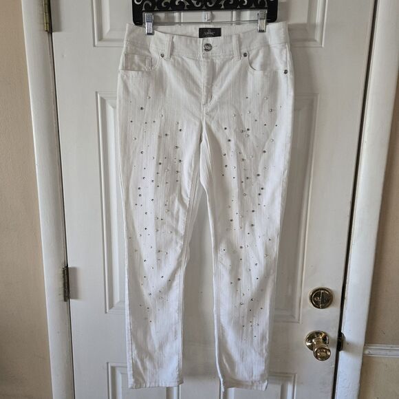 Chico’s So Slimming Ankle Jeans 0.5 US 6 White Rhinestone Pearl Embellished Stre - Picture 8 of 11